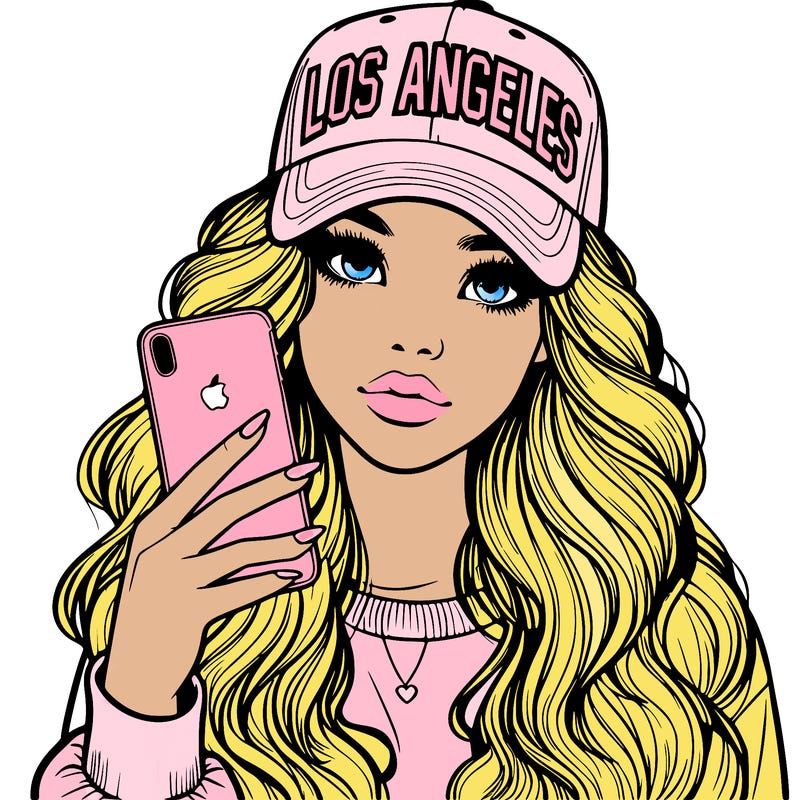 realistic beautiful girl wearing los ángeles cap holding an iphone