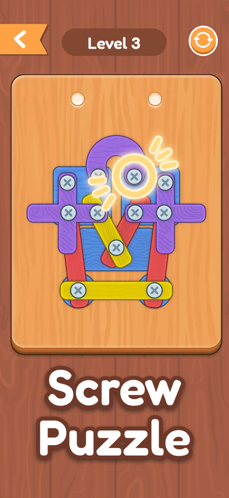 No internet - Offline Games - Screw Puzzle mini game level 3 gameplay showing colorful shapes and screws on a wooden board