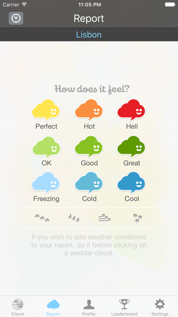 Weddar - Social Weather - Weddar app screen showing crowdsourced weather reporting options like Perfect Hot or Cold with colorful cloud icons