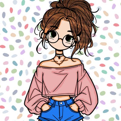 girl with a messy ponytail glasses a baggy crop top and jean shorts