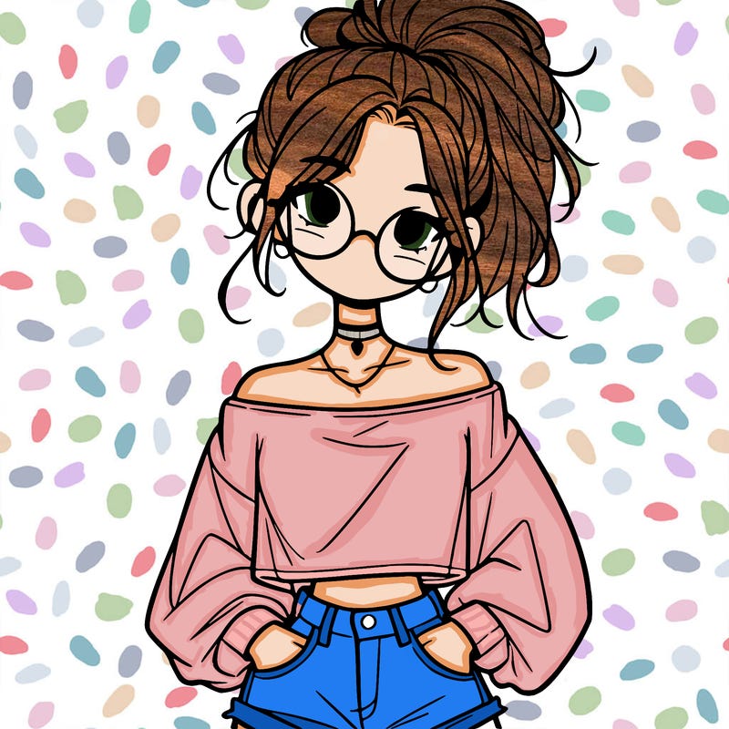 girl with a messy ponytail glasses a baggy crop top and jean shorts