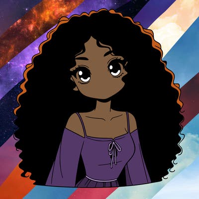 a black anime girl with long afro hair