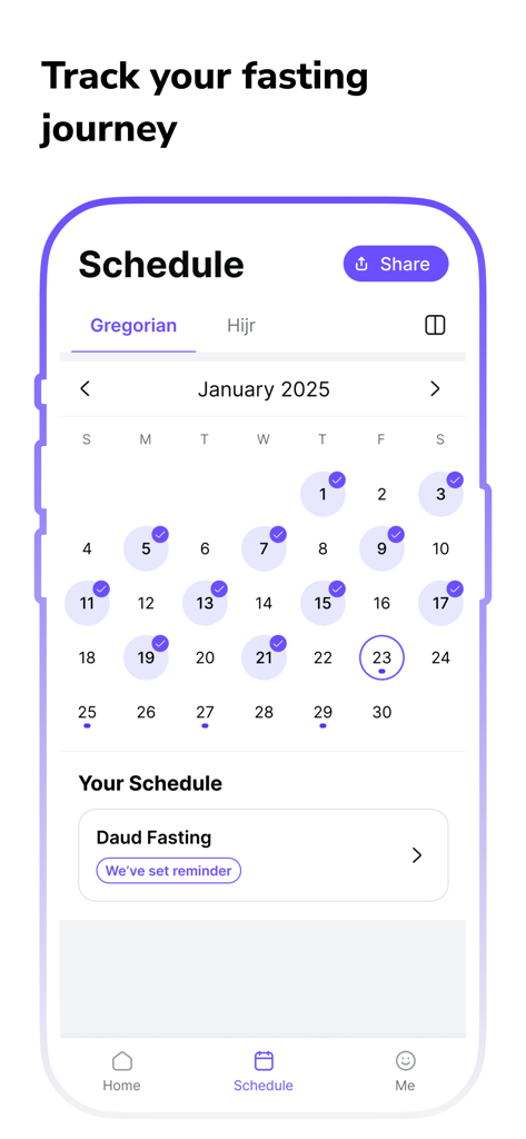 Muslim Fasting Calendar Alarm - Mobile app interface showing a monthly calendar for tracking Islamic fasting days with a schedule for Daud fasting