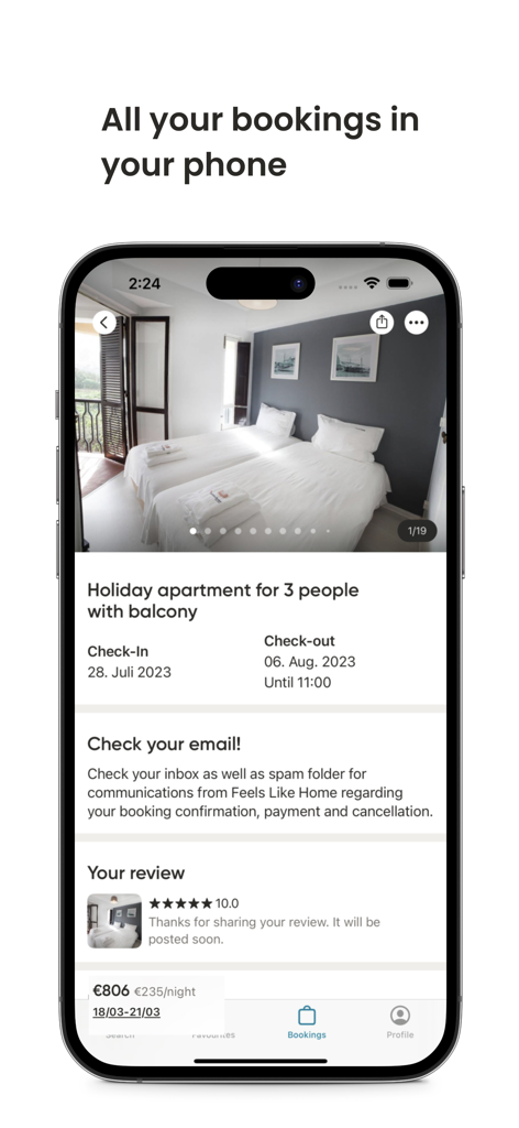 Holidu App Oberfläche mit Details zur Buchung von Ferienunterkünften einschließlich Check-in-Daten und Bewertungsbereichen