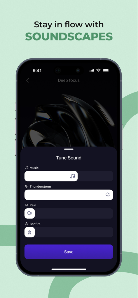 A smartphone displaying the Wisey app interface for deep focus soundscapes with options to tune music thunderstorm rain and bonfire sounds