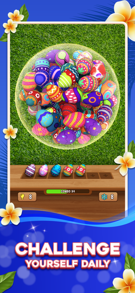 Una pantalla de juego móvil de Match Triple Ball mostrando una burbuja llena de huevos 3D coloridos para un desafío de emparejamiento diario.