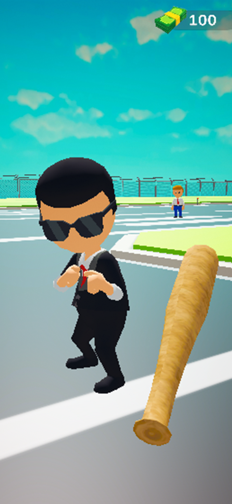 Crazy Airport Chaos: Slap Game - First-person gameplay view of a player holding a baseball bat facing a boss character in a black suit at an airport.