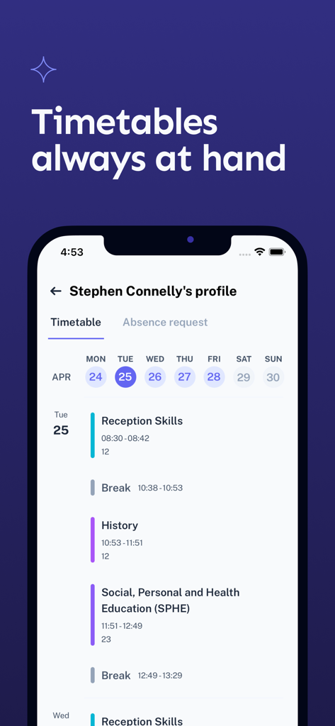 Tyro School - Tyro School app displaying a student's daily class schedule and weekly timetable