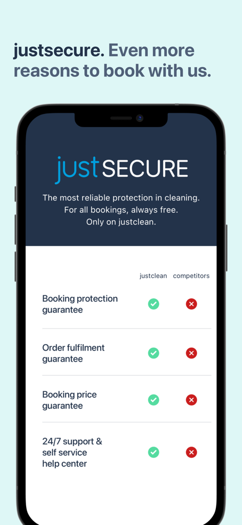 justclean - A comparison table between justclean and competitors highlighting booking protection fulfillment and price guarantees