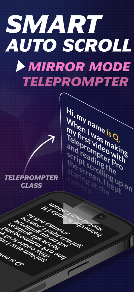 Teleprompter - Floating Script - Un smartphone affichant le mode miroir pour le verre du téléscripteur avec défilement automatique