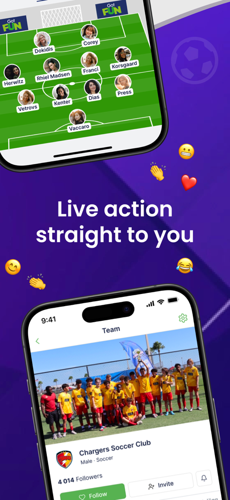 GotSport Live - GotSport Live mobile app showing a soccer player lineup and Chargers Soccer Club team page