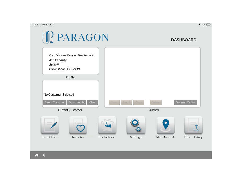Paragon PG - Panel de la aplicación Paragon PG en iPad que muestra el perfil del representante de ventas e iconos de gestión de pedidos
