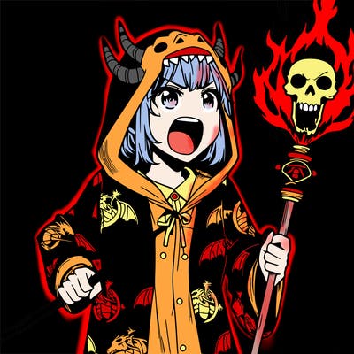 manga girl with dragon skull staff wearing a dragon pajama suit with dragon hood and shouting out fire