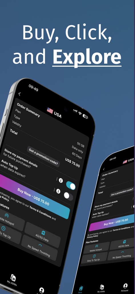 KnowRoaming Travel eSIMs - KnowRoaming app screen showing the order summary for a USA travel data plan