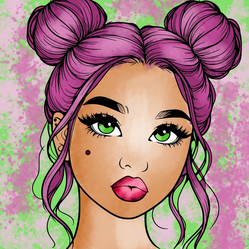 realistic girl with two buns on her hair and lips