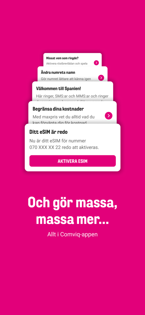 Comviq Mobil-App-Bildschirm mit Karten für eSIM-Aktivierung und Kostenmanagementfunktionen