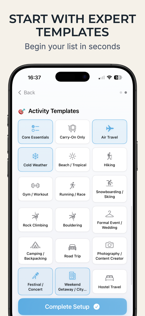 PackNinja: Travel Packing List - PackNinja app interface displaying a grid of expert packing list templates for different travel activities like hiking beach and skiing