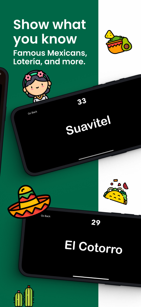 Trivia Mexicano! : Charades - Écrans de jeu mobile de Trivia Mexicano montrant les mots de charades Suavitel et El Cotorro avec des icônes culturelles mexicaines