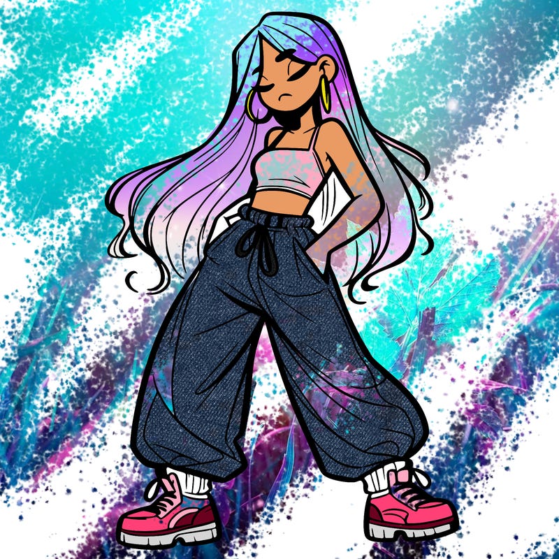 girl in baggy pants crop top and long hair