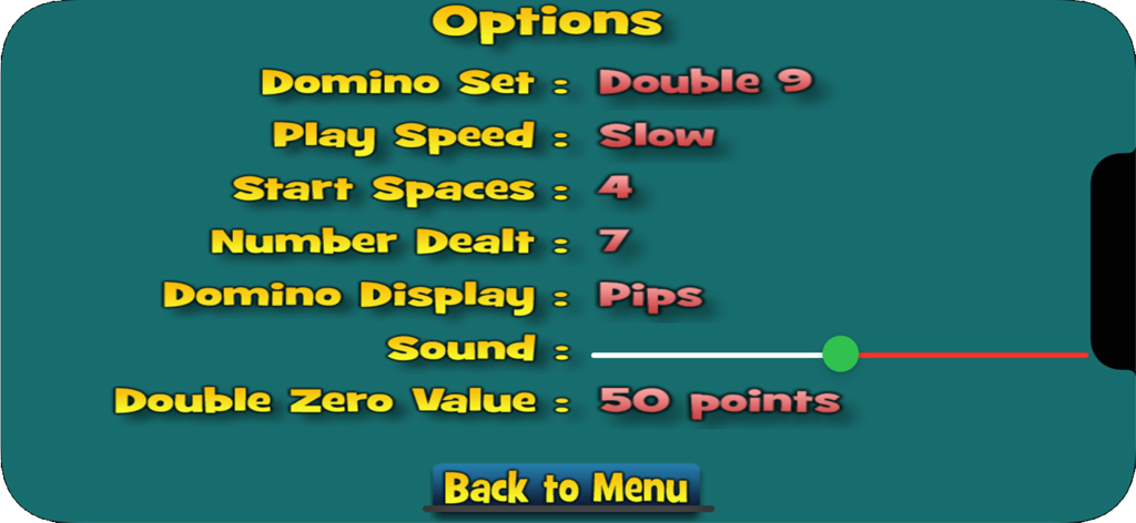 Chickenfoot Dominoes - Pantalla de opciones para Chickenfoot Dominoes que muestra configuraciones para la velocidad del juego y las preferencias de visualización de dominó.