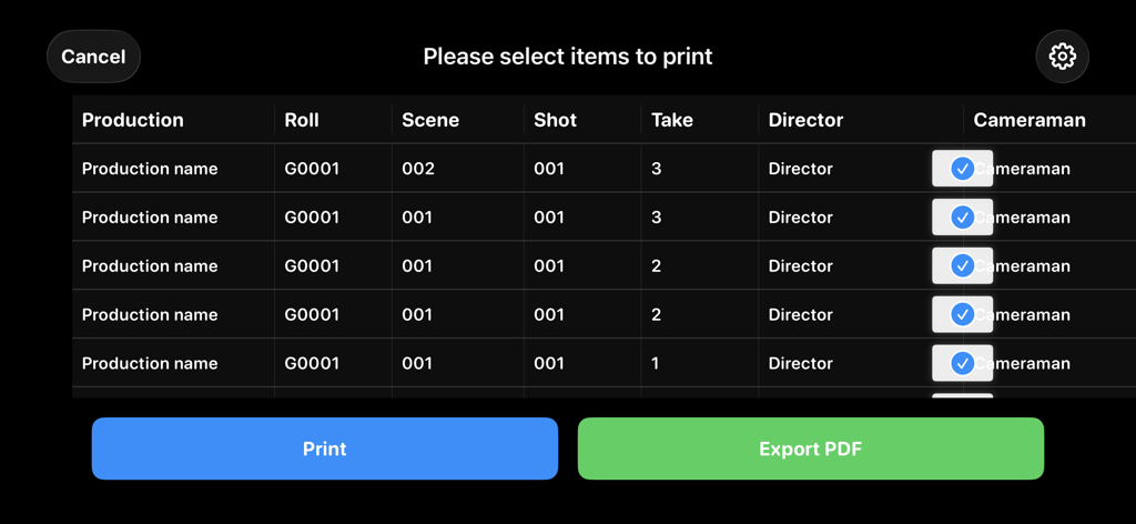 ClapperBoard - Scene Tracker - A table showing a digital shot list with options to select items for printing or exporting as a PDF.
