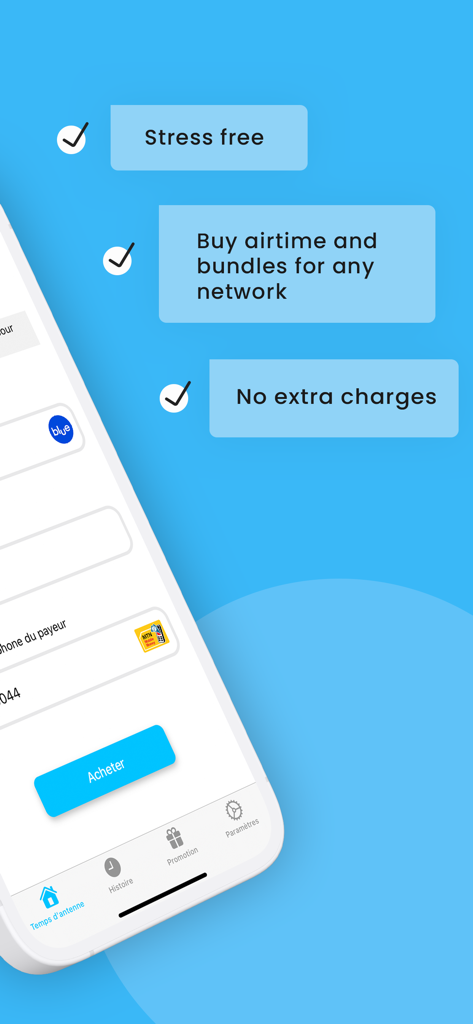 L'interface de l'application Switchn met en évidence les achats de crédit et de forfaits sans stress et sans frais supplémentaires.