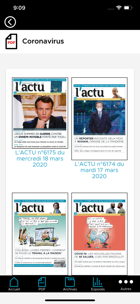 Screenshot of L'ACTU app showing PDF archives of newspaper issues