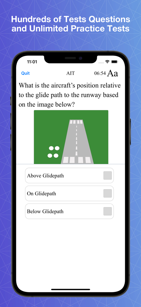 AFOQT & TBAS Prep - A mobile screen showing an aviation practice test question about aircraft glide path position with multiple choice options.