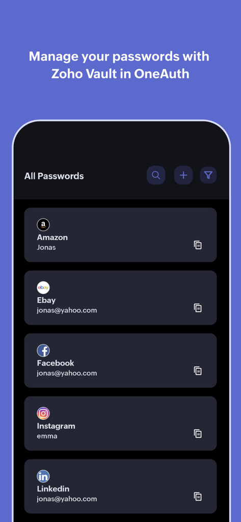 Authenticator App - OneAuth - OneAuth by Zoho app interface showing a list of managed passwords with brand logos for Amazon eBay and Facebook