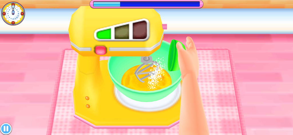Captura de tela do minijogo de mistura de ingredientes do Cooking Mama, mostrando um jogador adicionando ingredientes a uma batedeira amarela