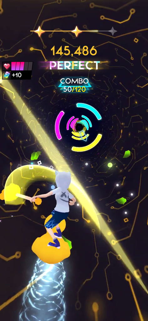 Cyber Surfer: EDM & Skateboard - Cyber Surfer gameplay showing a character on a neon surfboard hitting rhythmic targets in a cyberpunk environment