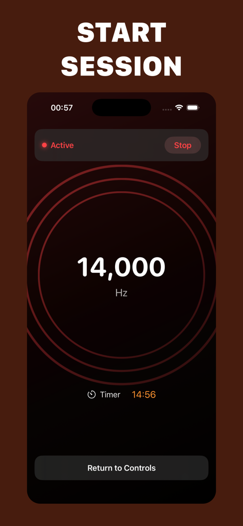 Rodent Repellent - Rodent Repellent app interface showing an active 14,000 Hz ultrasonic frequency session with a countdown timer.