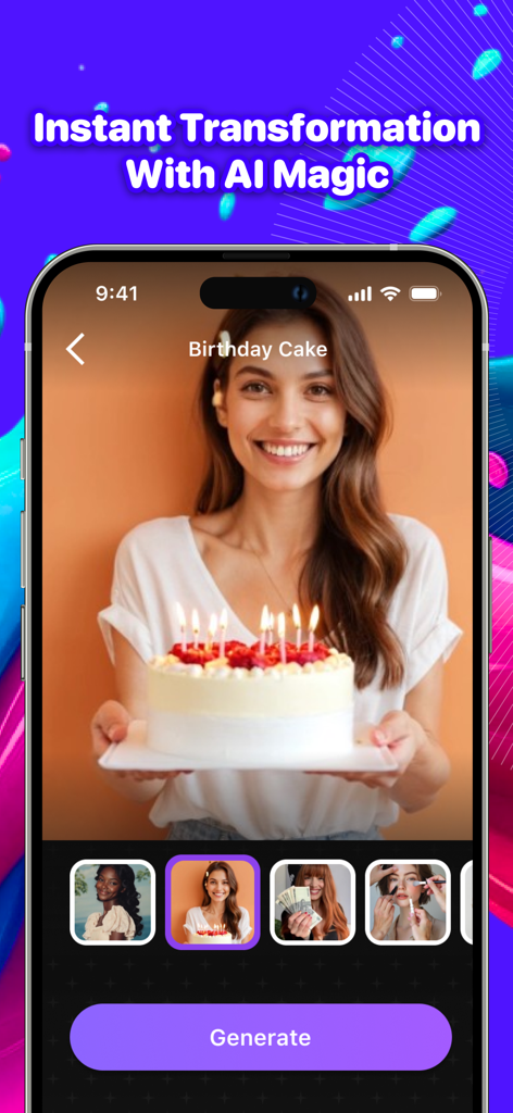 Interfaz de la aplicación ArtFlow mostrando una transformación de imagen IA de una mujer sosteniendo un pastel de cumpleaños