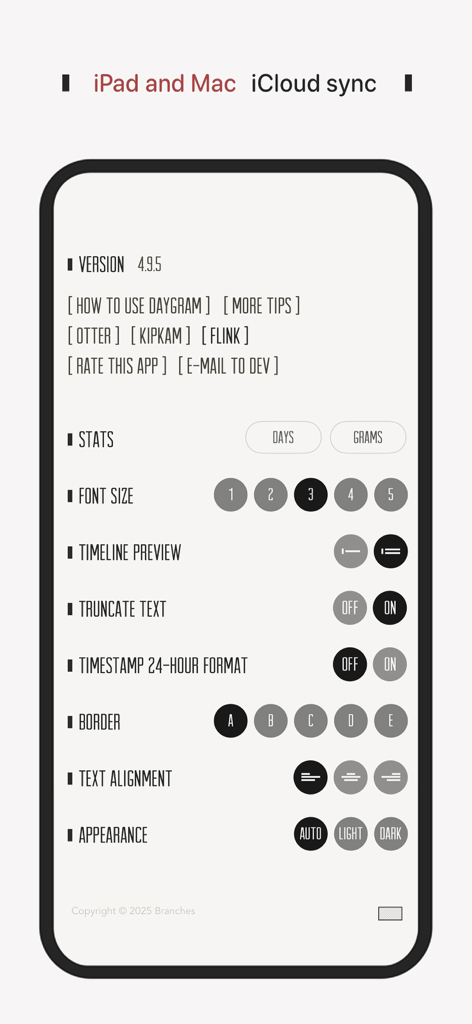 DayGram - One Line a Day Diary - Minimalist settings menu of DayGram app showing customization options for font size layout and dark mode in an E-Ink style