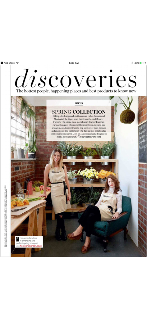Condé Nast House & Garden - A digital magazine page from the House and Garden app featuring two florists in their workshop under a section titled Discoveries.