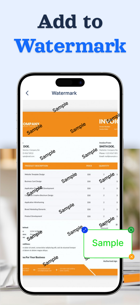 Doc Scanner - Fast PDF Creator - Interface of Doc Scanner app showing how to add and edit sample watermarks on a scanned invoice