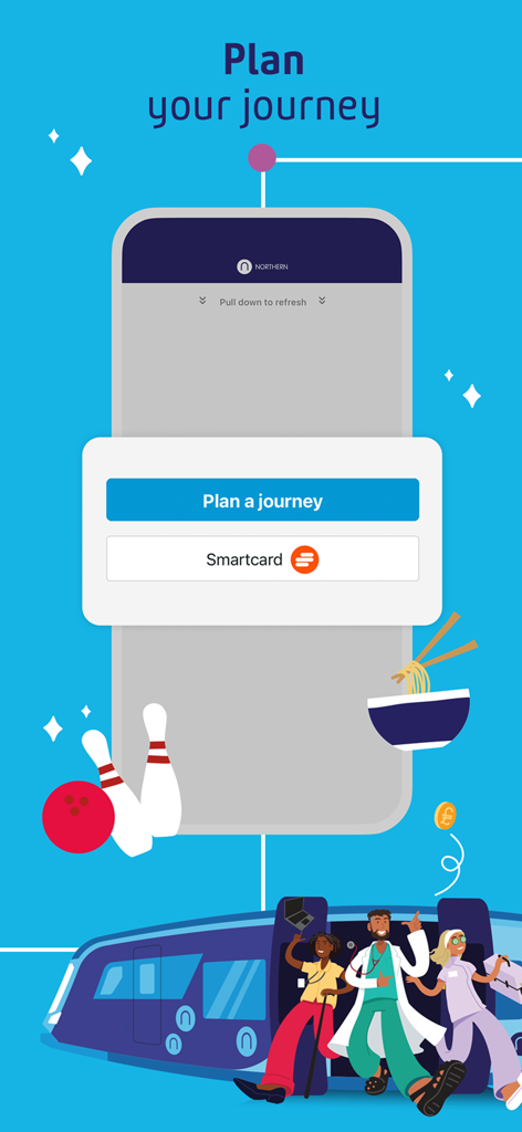 Northern Train app interface showing the plan your journey option with colorful illustrations of diverse travelers and leisure activities