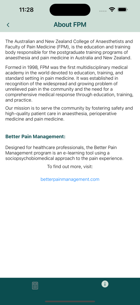 Opioid Calculator - Der Informationsbildschirm 'Über FPM' in der Opioid-Rechner-App, der die Faculty of Pain Medicine und ihren Bildungsauftrag beschreibt.