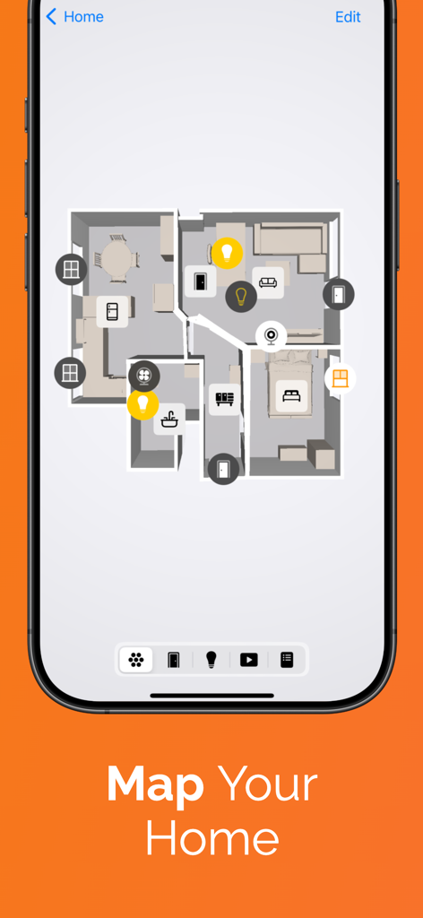 Digital 3D floor plan in the Controller for HomeKit app showing smart device icons mapped across different rooms