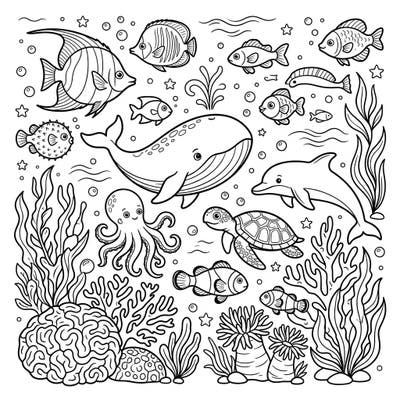 Dive into an enchanting underwater world with this vibrant coloring page, specifically designed for kids aged 4-8. It features a delightful array of marine animals and lush sea flora, promising hours of creative fun.