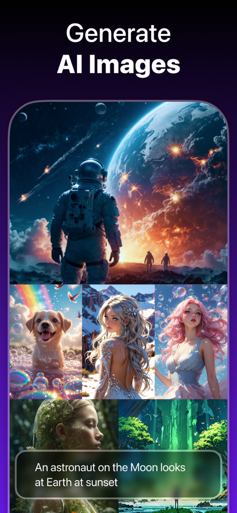 A mobile app screen for an AI image generator showing a prompt for an astronaut on the moon and several generated artistic images.