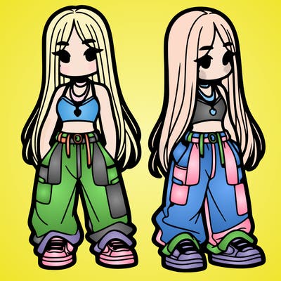 girl in baggy pants crop top and long hair