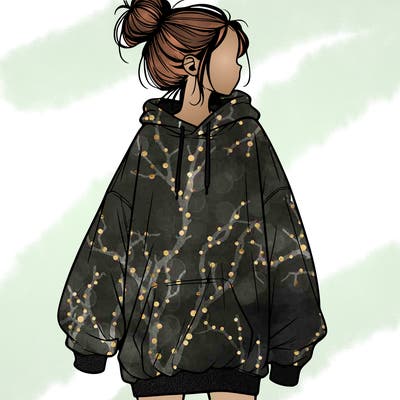 realistic girl with a oversized sweatshirt on and a bun