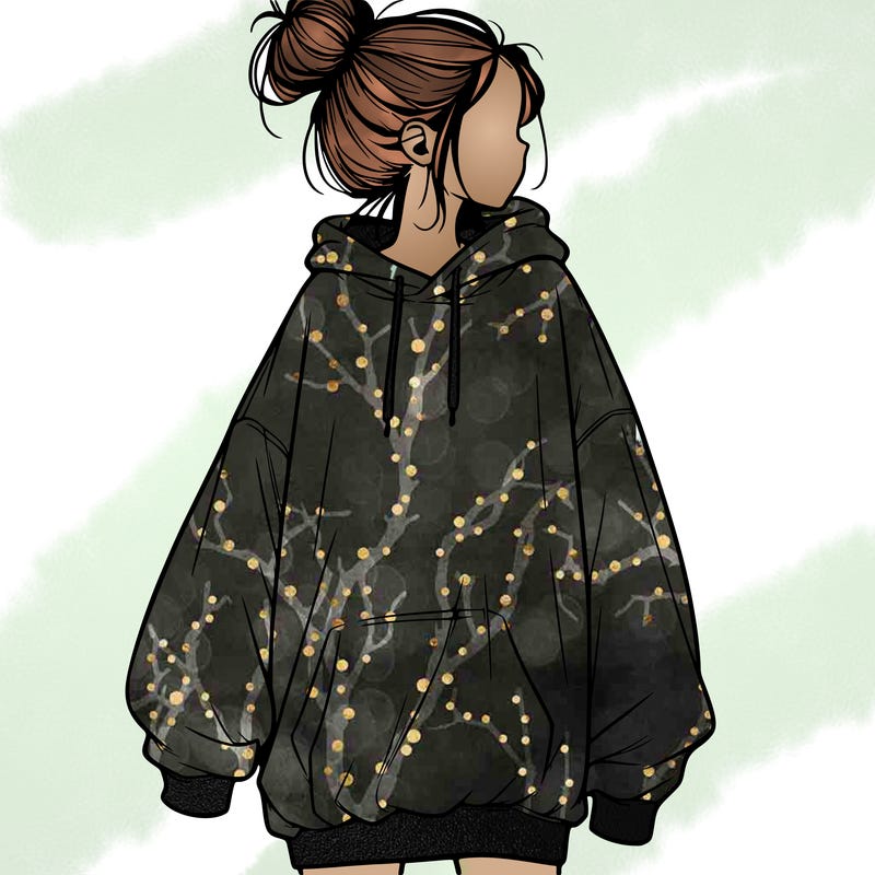 realistic girl with a oversized sweatshirt on and a bun