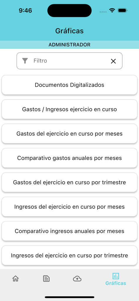 Connect Matrix - Administrator menu in the Connect Matrix app showing options for digitized documents and financial reports.