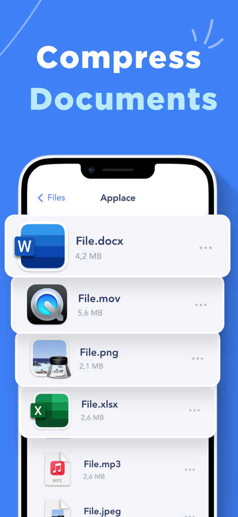 RAR Unzip-Zip File Opener 7Zip - docx mov pngなどのさまざまなファイルタイプがリストされた圧縮ドキュメント機能を示すiPhone画面
