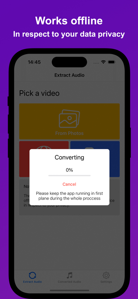 Audio Maker - MP3 Converter - Schermata dell'iPhone che mostra l'app Audio Maker che converte un video in audio offline per la privacy.