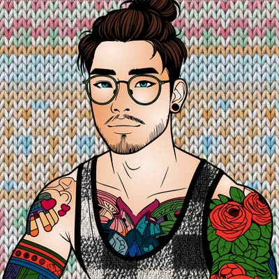 young attractive asian man with a man-bun, glasses, and tattoo's