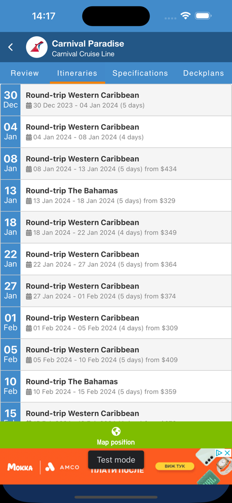 Itinerarios y horarios de cruceros del Carnival Paradise en la aplicación CruiseMapper.