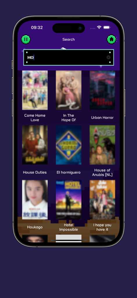 MovieBox - Quiz Your Cine - Suchbildschirm der MovieBox-App mit einem Raster von Film- und Serienpostern